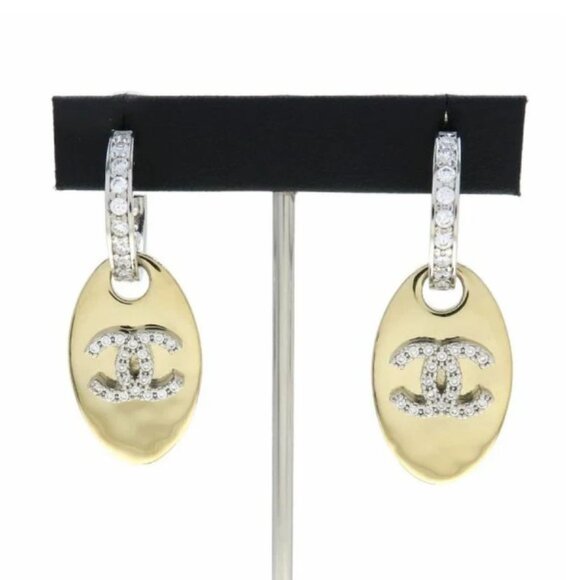 CHANEL CC Logos Rhinestone Oval Hoop Dangle Earrings Gold Tone B22S Auth #6294F - Picture 1 of 9